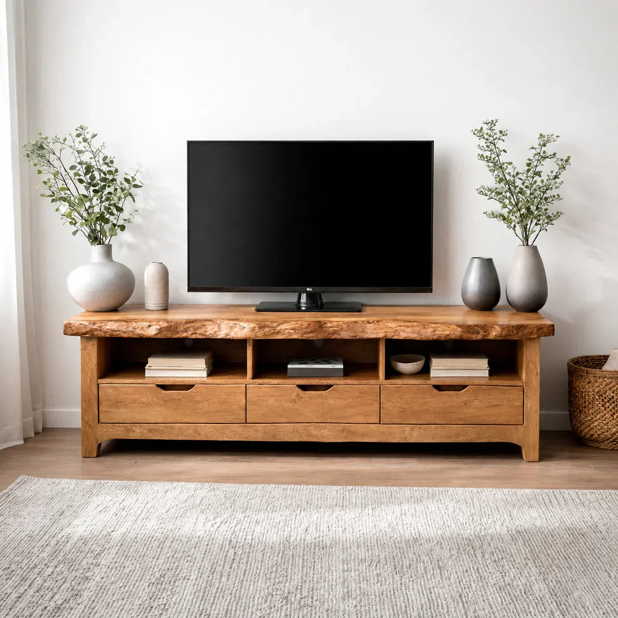 Live Edge Solid Wood TV Stand with Drawers and Open Storage