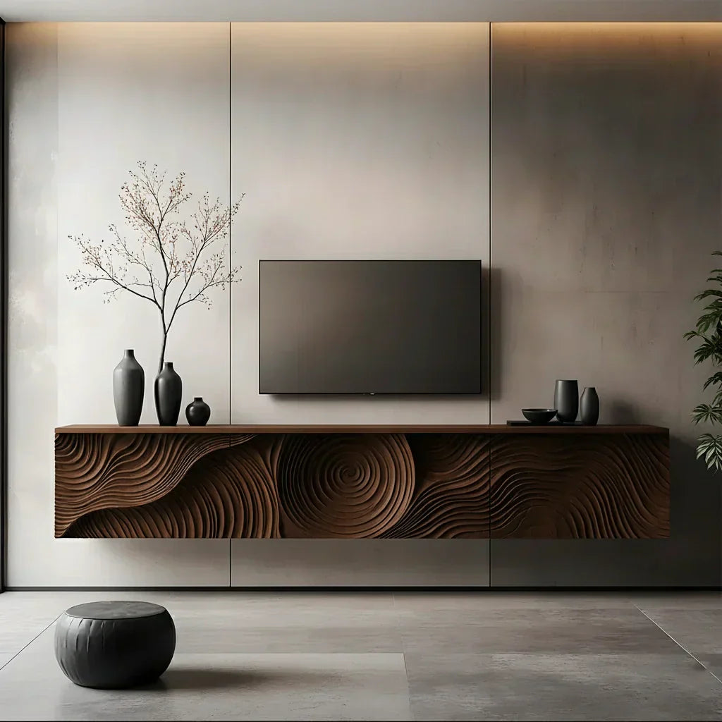 Art-Carved Solid Wood Floating TV Console – Modern Wave Texture Design - Elitegemse