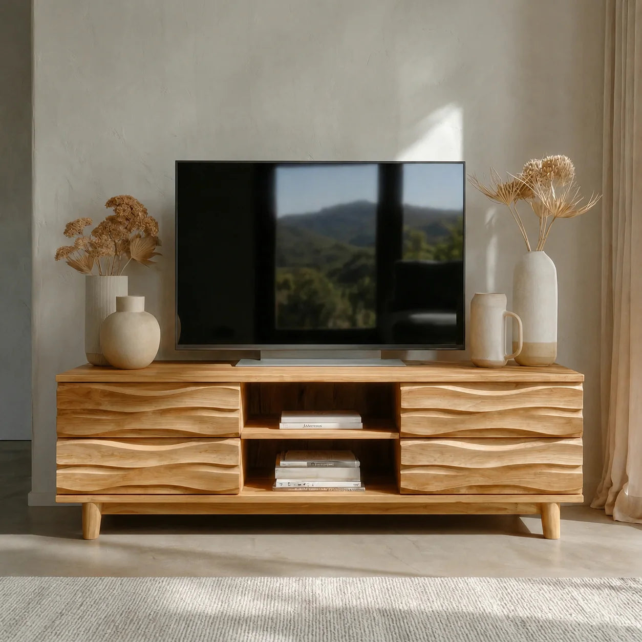 Handcrafted Solid Wood TV Stand with Sculpted Wave Drawers and Center Open Shelving