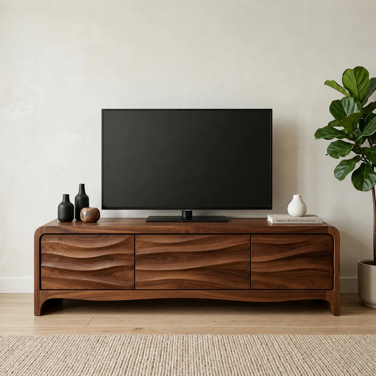 Handcrafted Solid Wood TV Stand with Sculpted Wave Panels and Rounded Frame Design