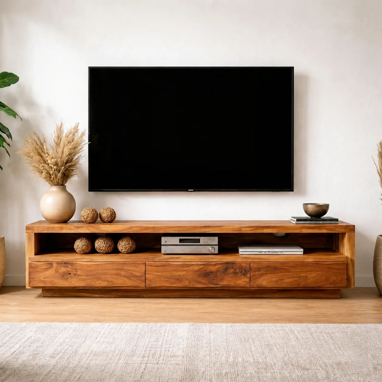 Handcrafted Solid Wood TV Stand with Full-Length Open Shelf and Hidden Drawer Storage