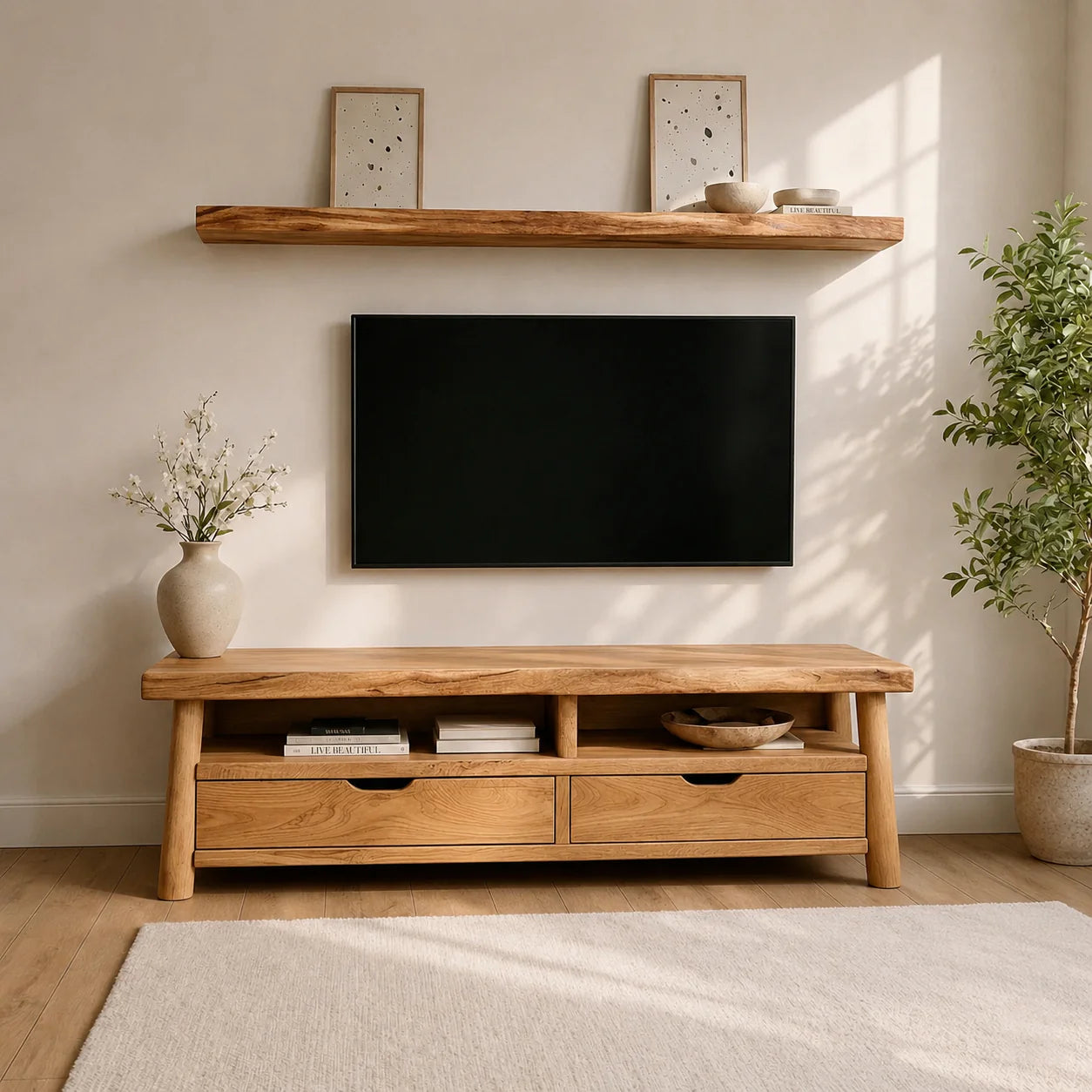 Modern Solid Wood TV Stand with Drawers and Open Shelf Storage