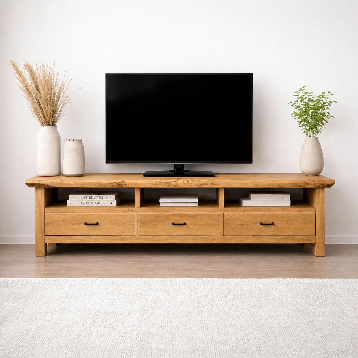 Handcrafted Solid Wood TV Stand with Spacious Drawers and Open Media Storage