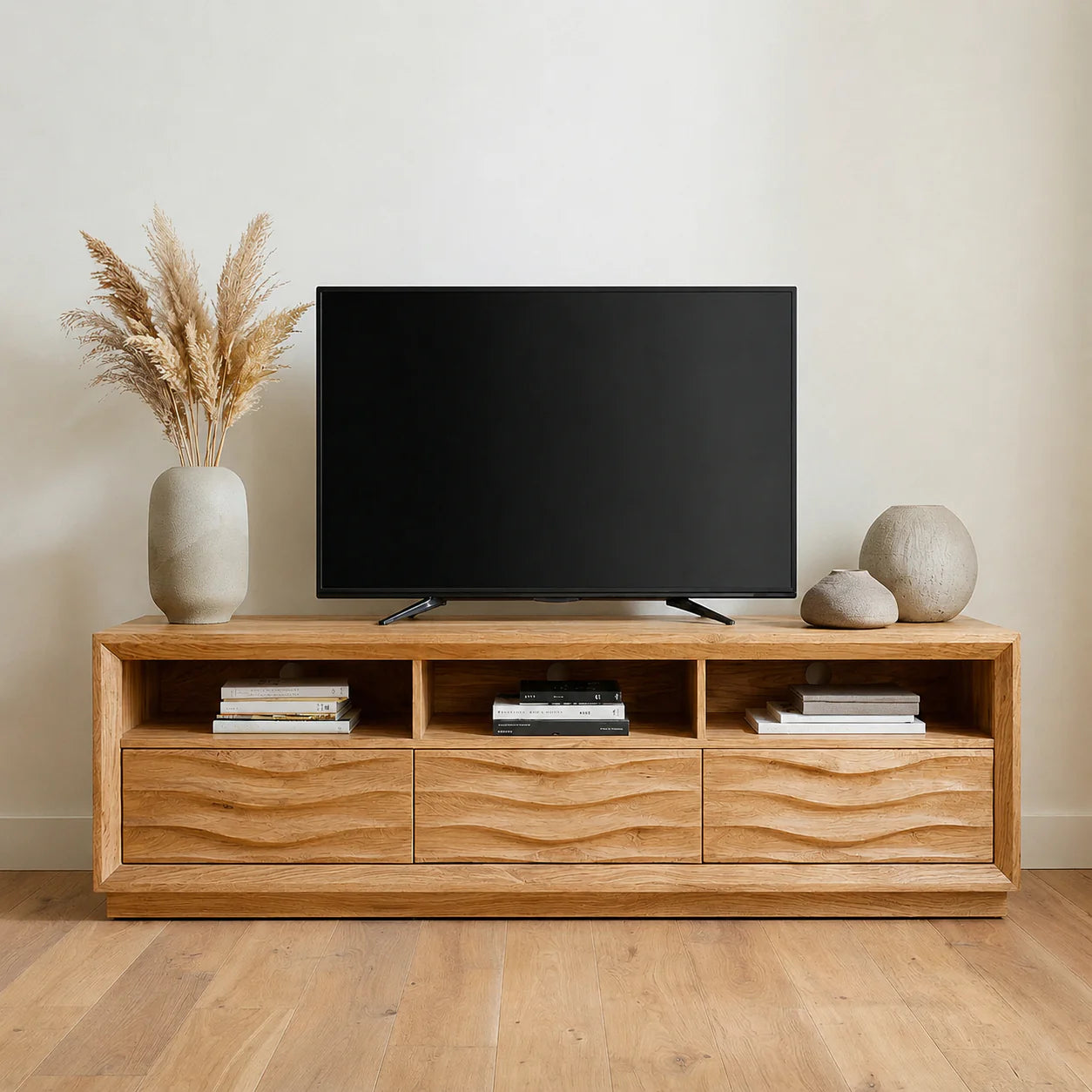 Handcrafted Solid Wood TV Stand with Sculpted Wave Drawers and Multi Open Media Compartments