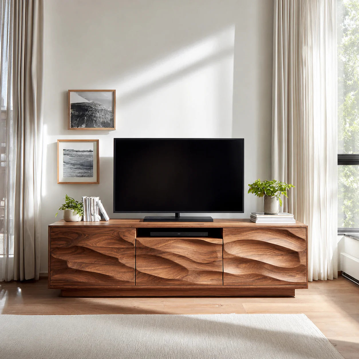 Handcrafted Solid Wood TV Stand with Sculpted Wave Cabinets and Center Media Storage