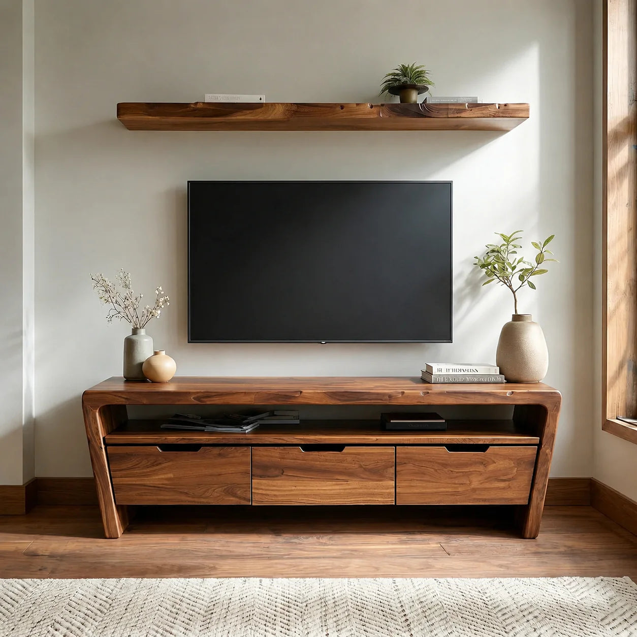 Handcrafted Solid Wood TV Stand with Rounded Frame and Hidden Drawer Storage