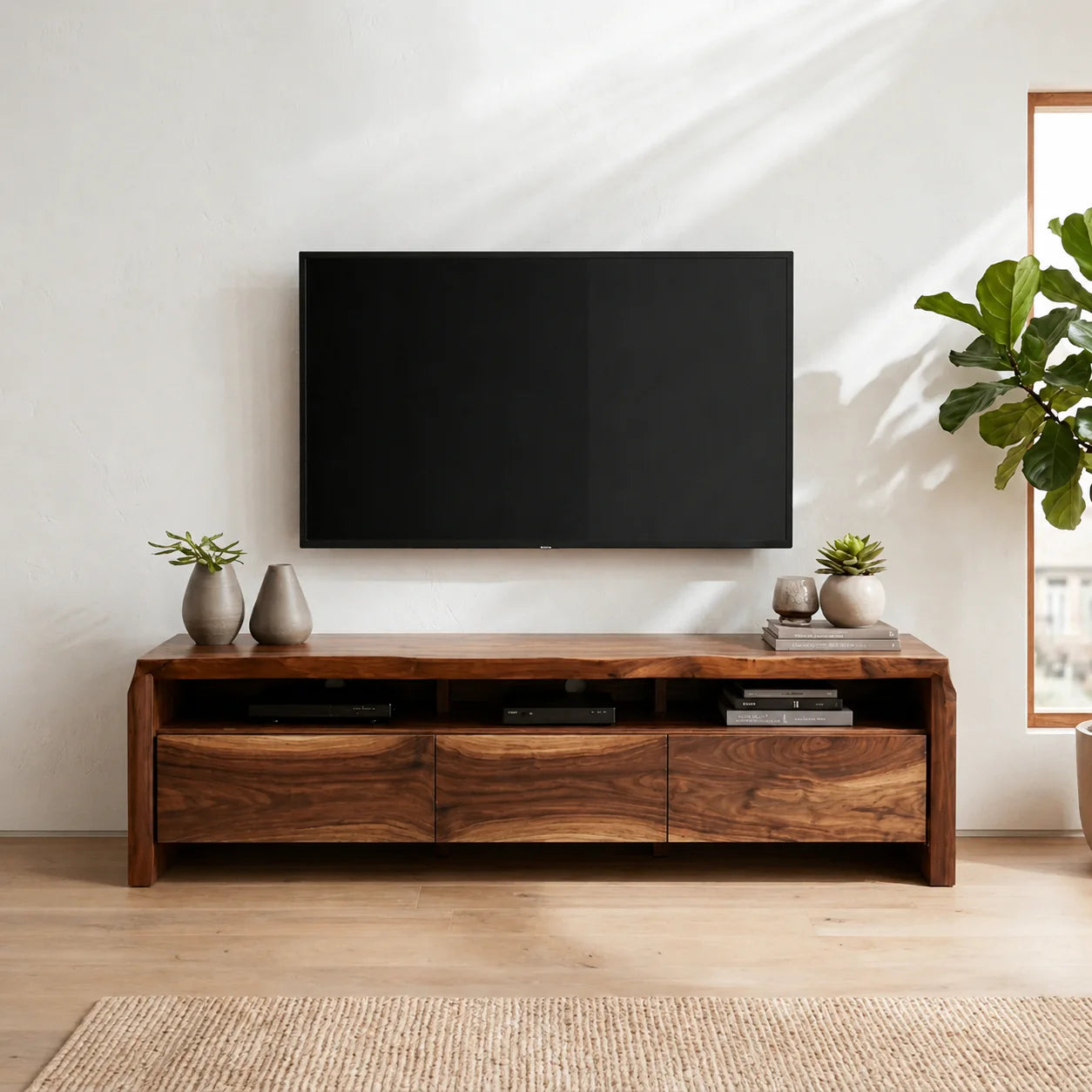 Handcrafted Solid Wood TV Stand with Thick Top and Curved Side Legs