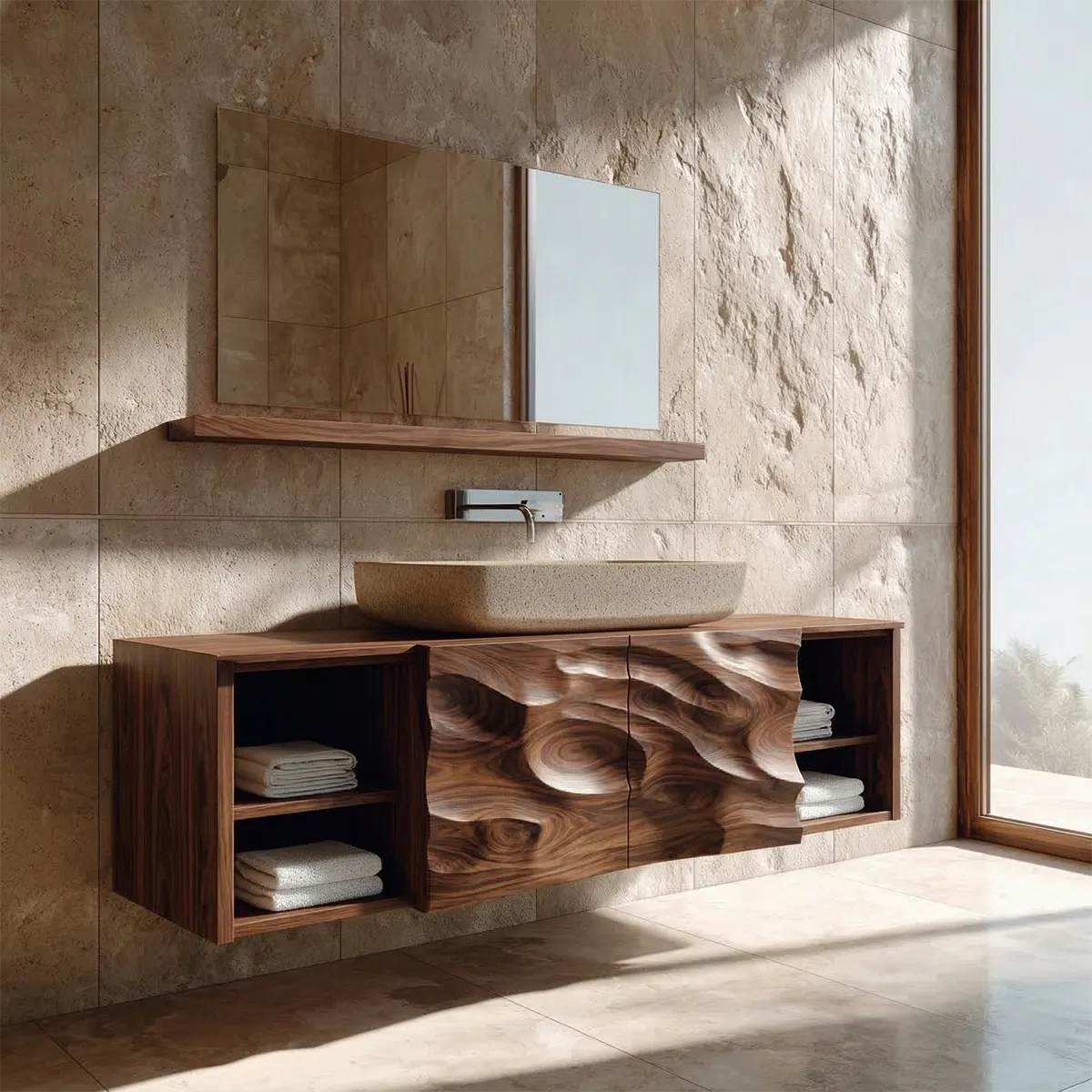 Hand Carved Natural Solid Wood Traditional Bathroom Vanity Cabinet - Elitegemse
