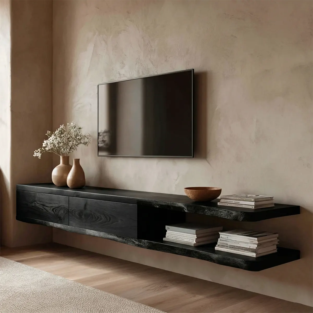 Handcrafted Floating Solid Wood TV Stand with Live Edge Shelves and Layered Storage - Elitegemse