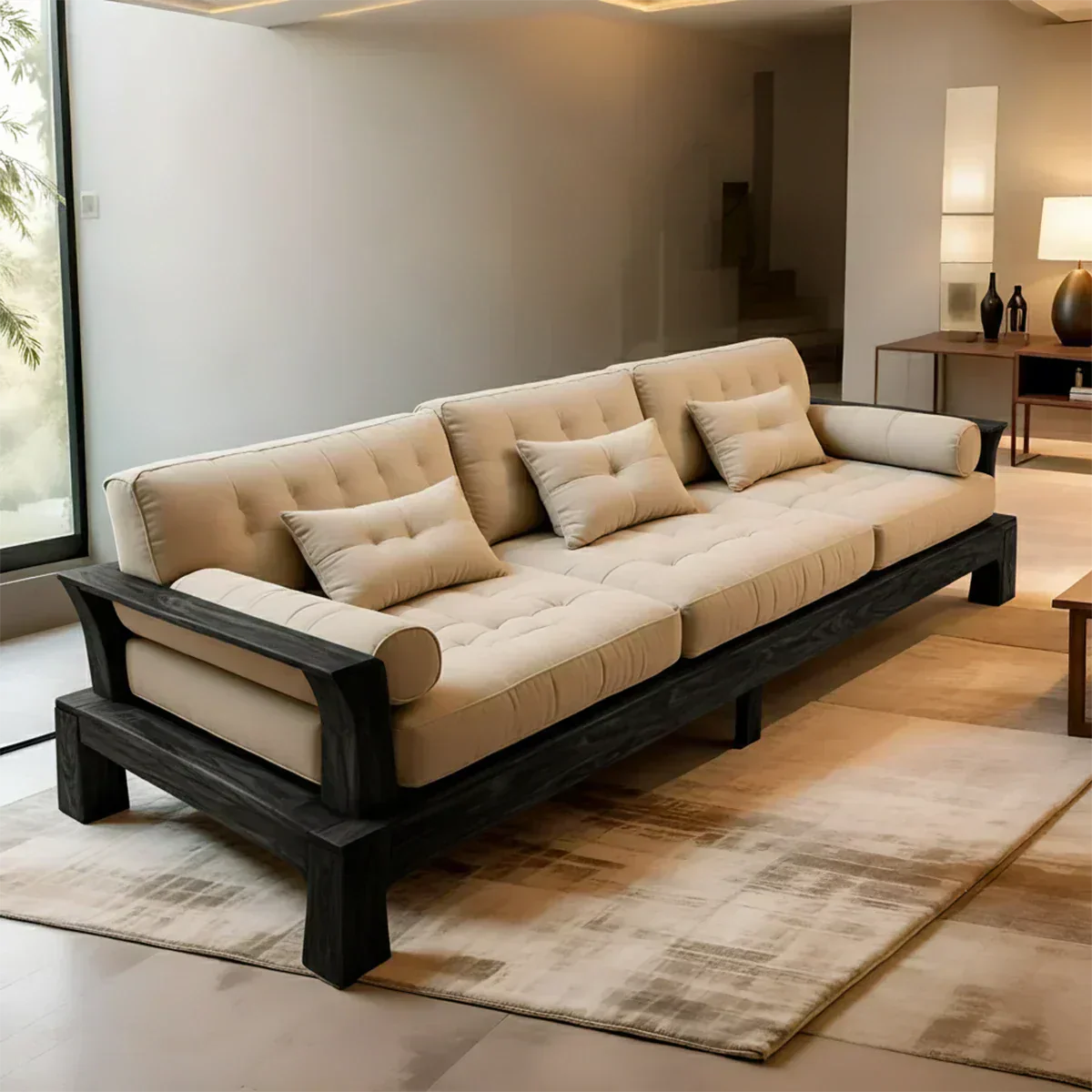 Handcrafted Solid Wood Cotton Sofa – Minimalist Rustic Modern Style - Woodenecho