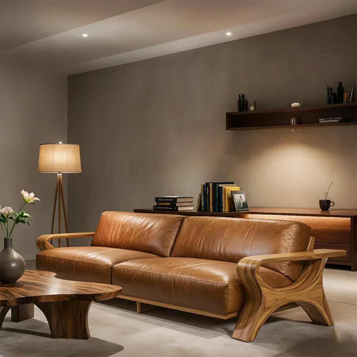 Handcrafted Solid Wood Leather Sofa – Modern Rustic Elegance - Woodenecho