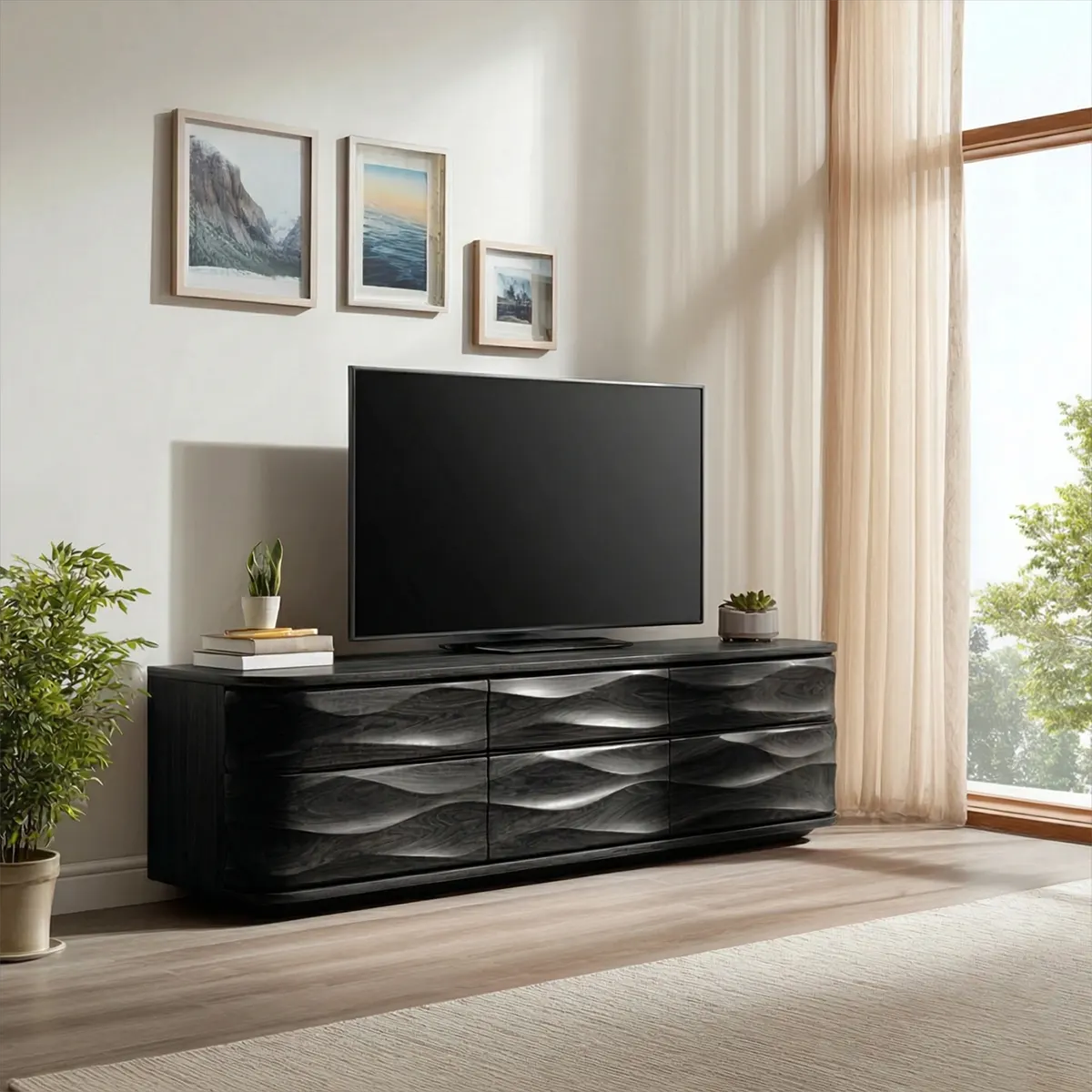 Handcrafted Solid Wood TV Stand with Sculpted Wave Drawers and Full Storage Cabinet - Elitegemse