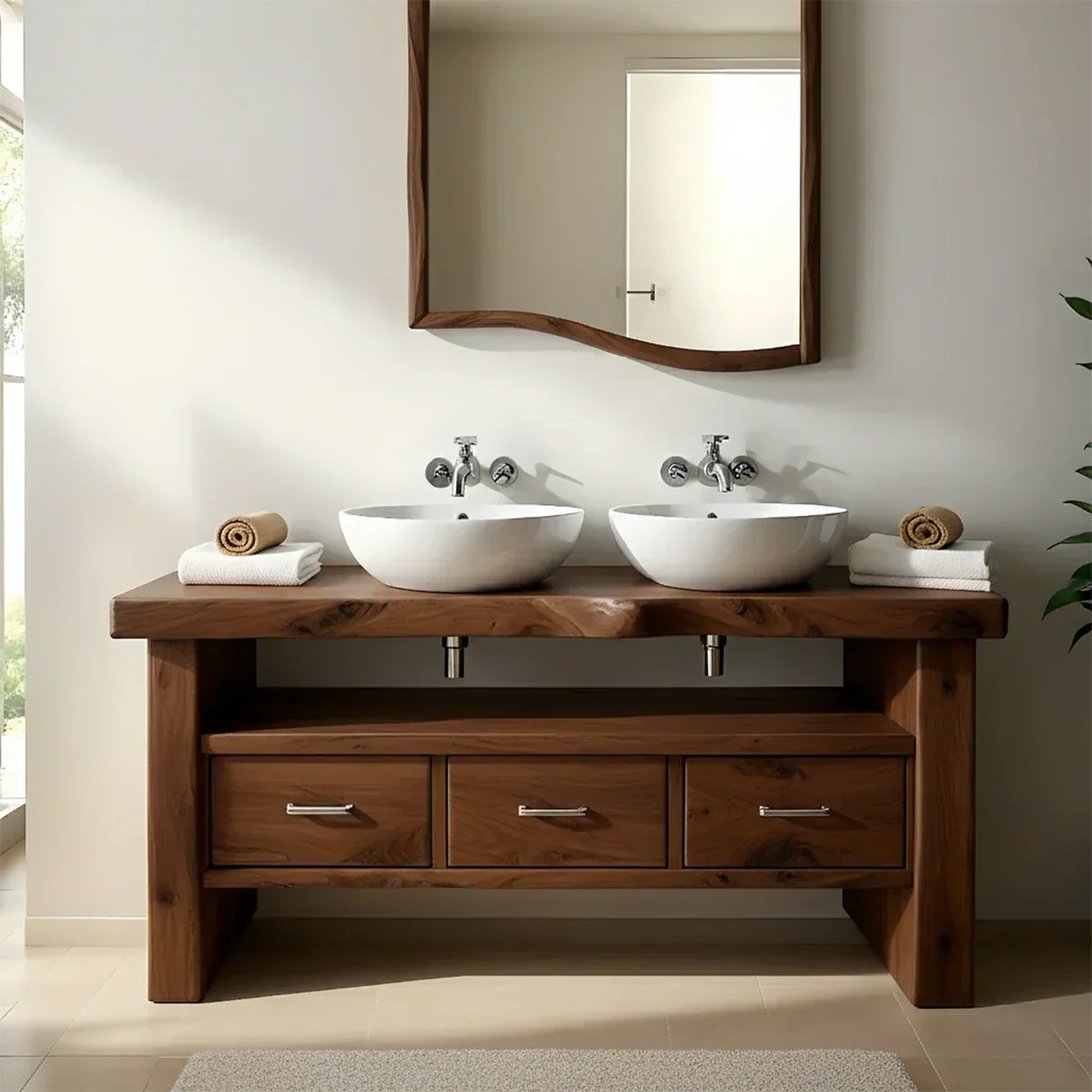 Live Edge Double Sink Solid Wood Vanity – Japandi Rustic Design - Elitegemse