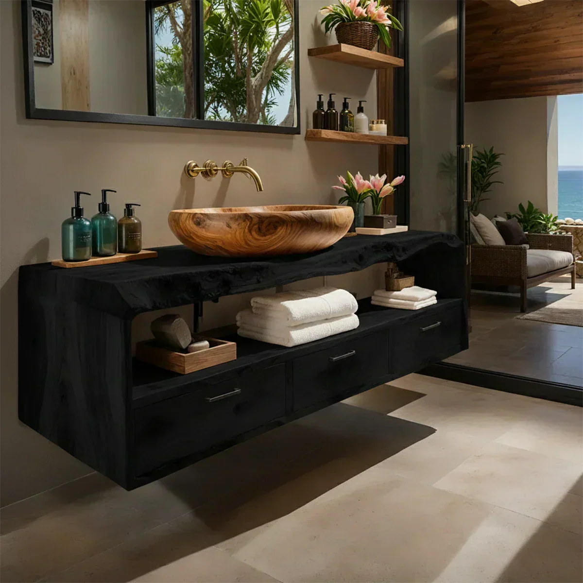 Live Edge Natural Solid Wood Floating Bathroom Vanity - Woodenecho