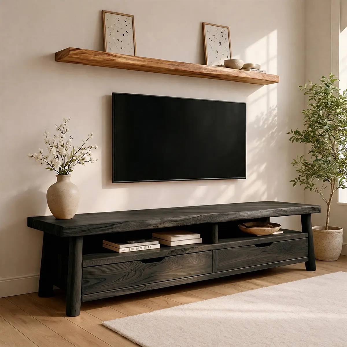 Modern Solid Wood TV Stand with Drawers and Open Shelf Storage - Elitegemse