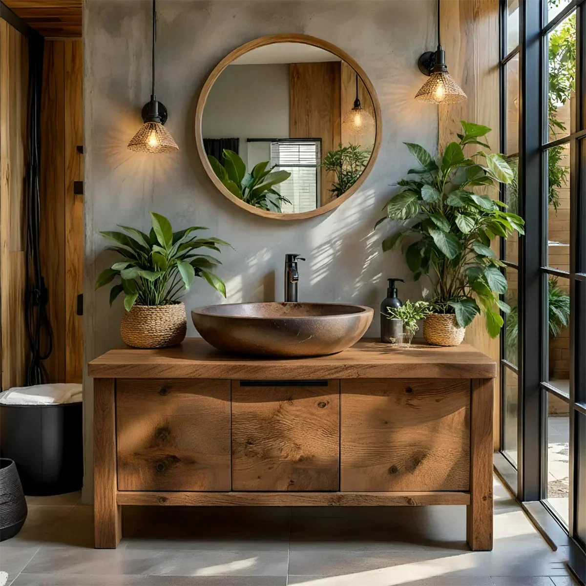 Natural Solid Wood Vanity with Smooth-Corner Frame & Center Cabinet - Elitegemse