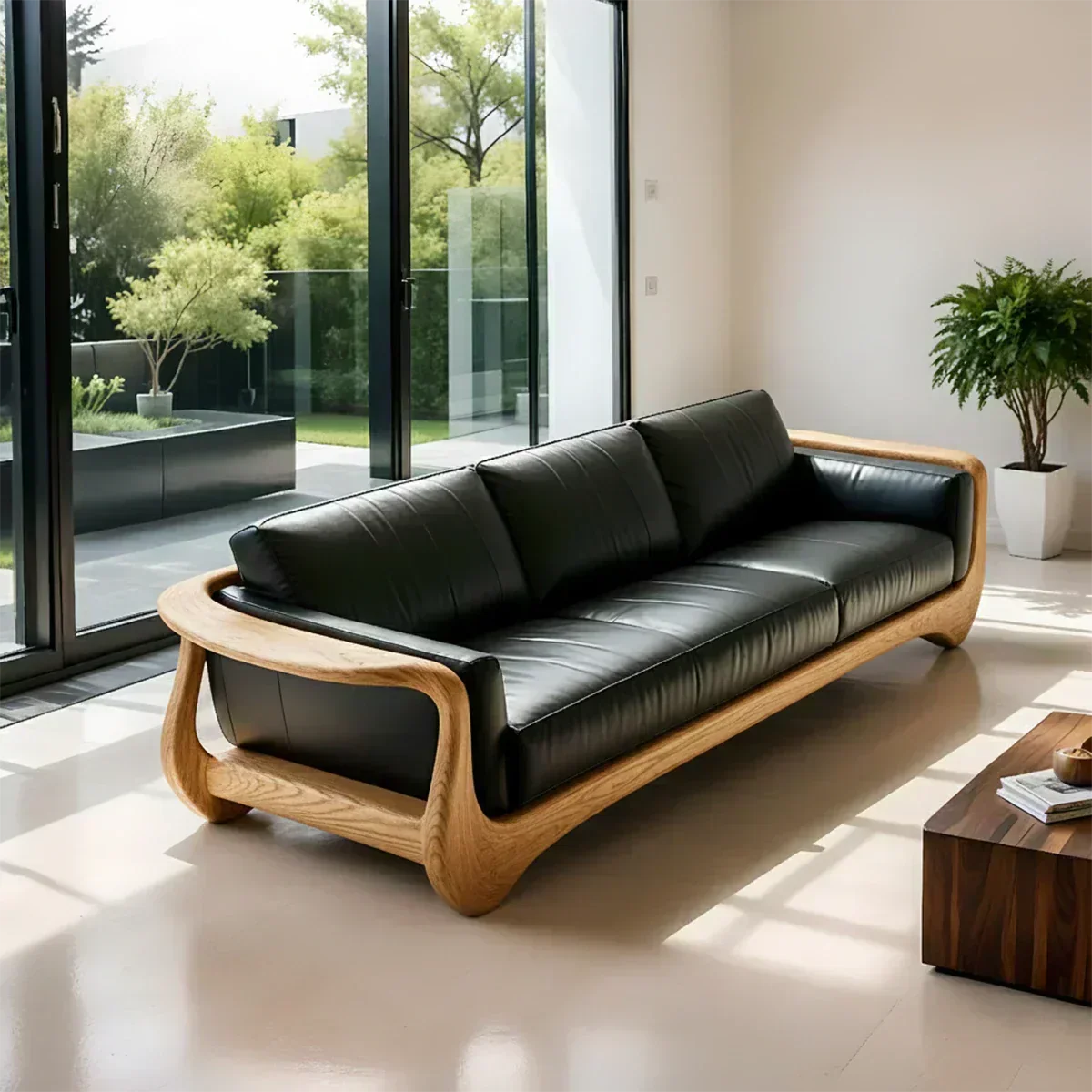 Premium Leather & Natural Solid Wood Sofa – Sculpted Modern Form - Woodenecho