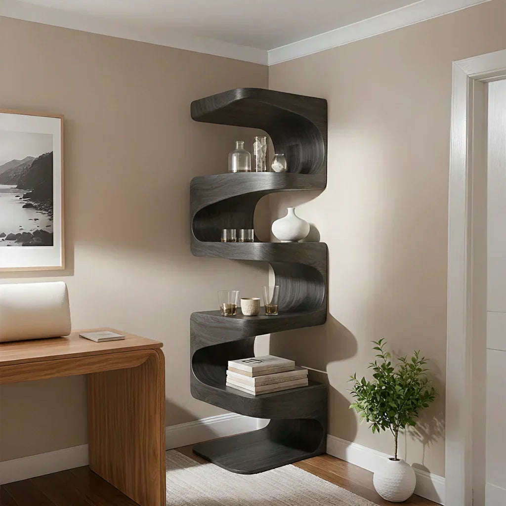 Sculpted Solid Wood Corner Bookshelf – Flow Form Edition - Woodenecho