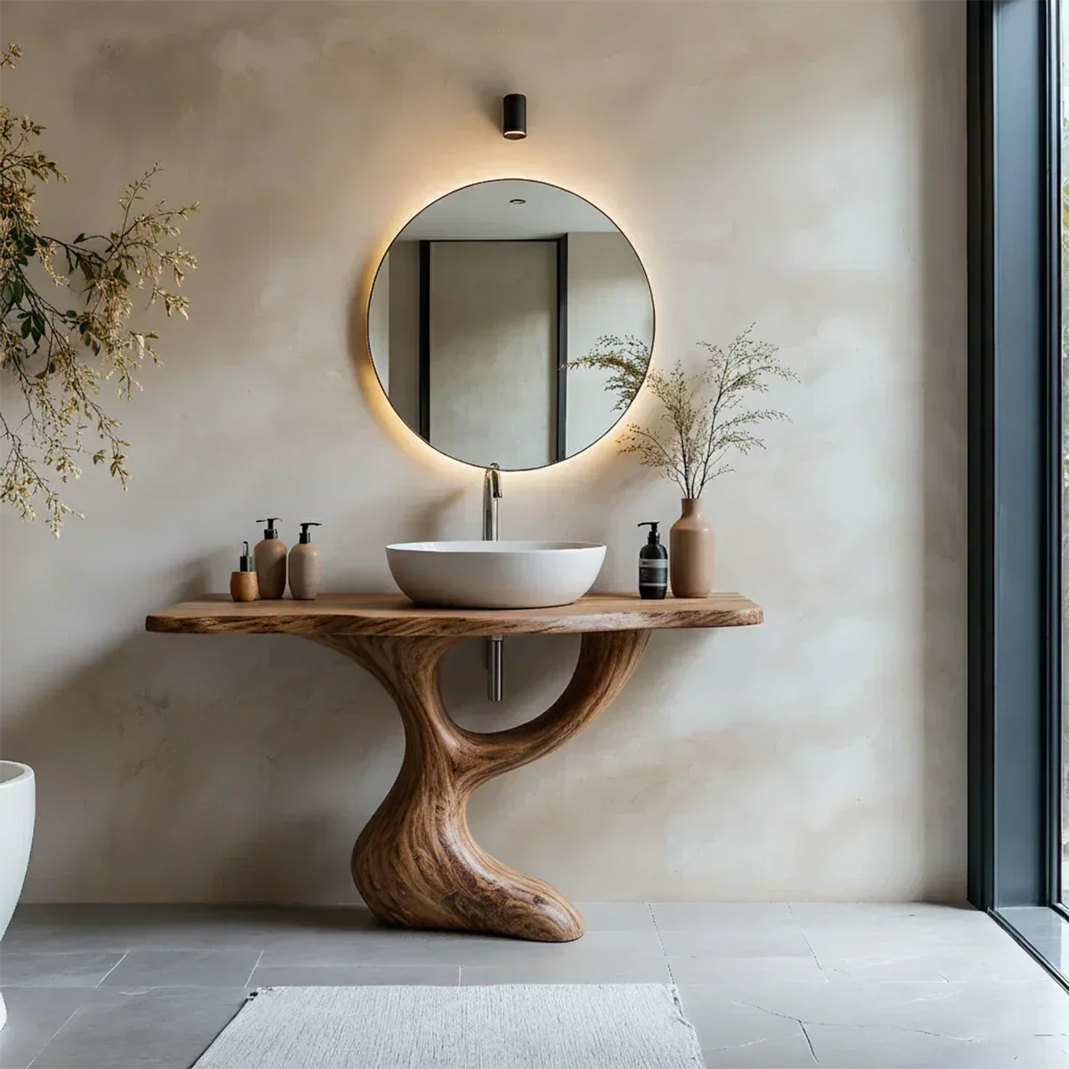 Sculptural Pedestal Wood Vanity – Organic Modern Bathroom Sink Table - Elitegemse