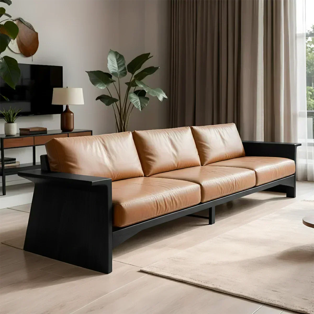 Solid Wood Sofa – Modern Warm Leather Harmony - Woodenecho