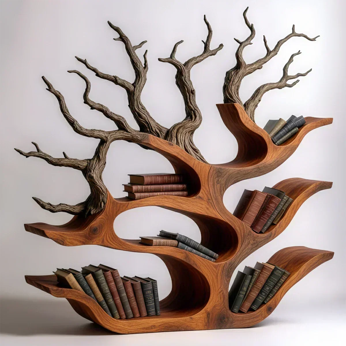 Tree-Shaped Natural Solid Wood Bookshelf – Sculptural Design - Woodenecho