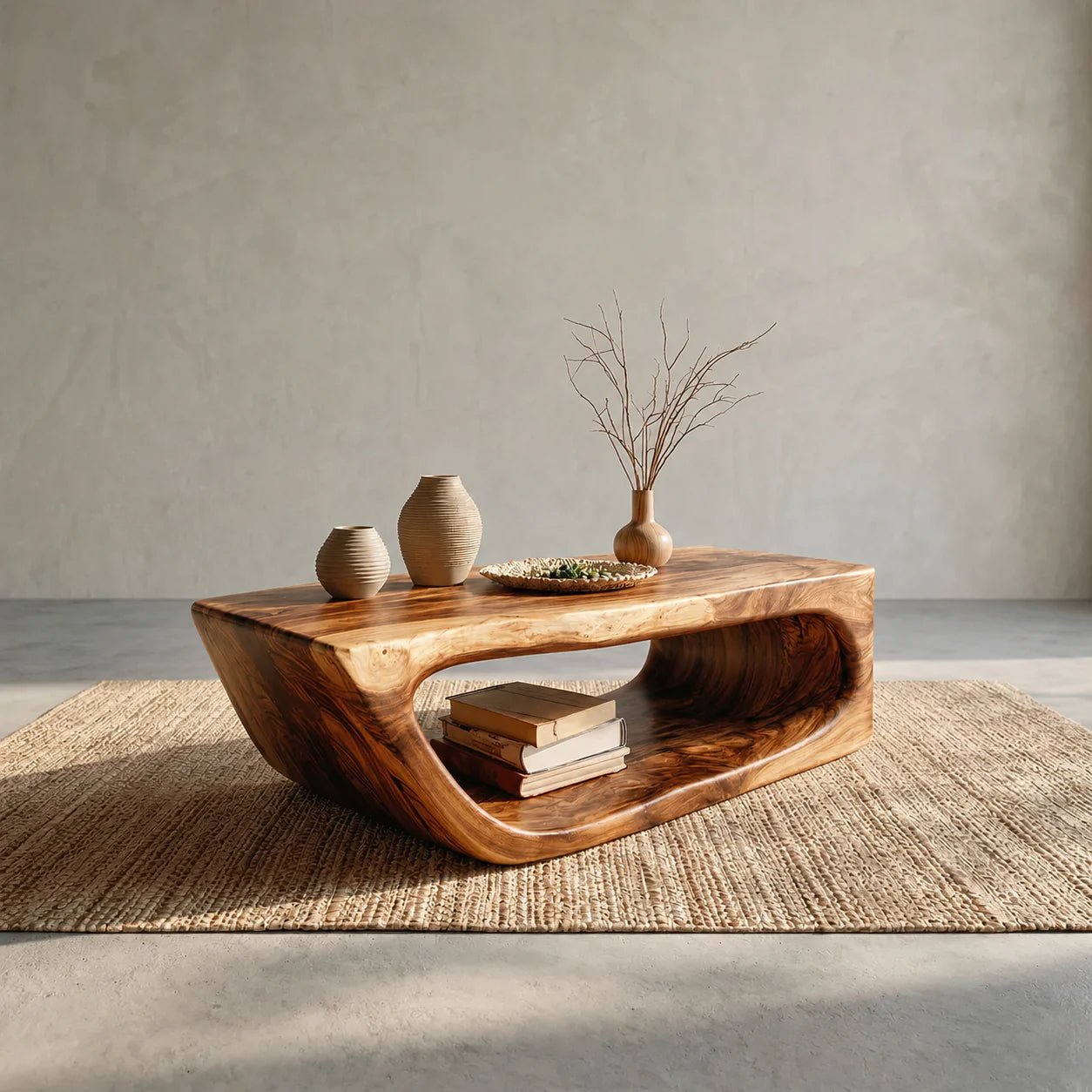 Modern Hollow Form Natural Solid Wood Coffee Table with Open Shelf - Elitegemse - View 10