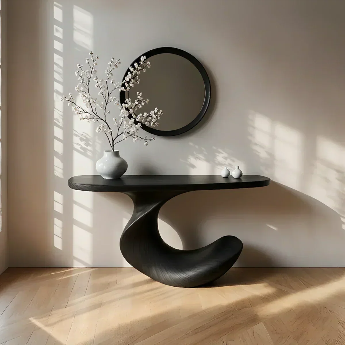 Natural Solid Wood Curved Sculptural Console in Modern Flow Design - Elitegemse - View 9