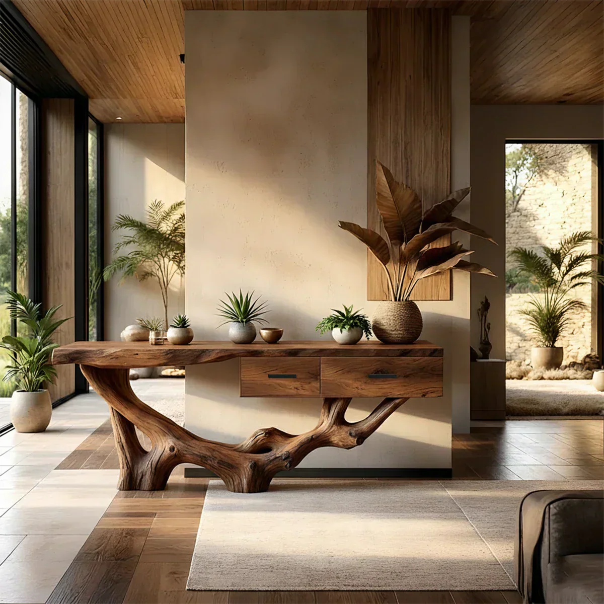 Solid Wood Console Table with Raw-Edge Top & Sculpted Root-Form Base - Elitegemse - View 9