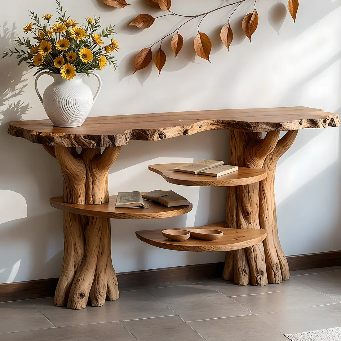 Solid Wood Console Table with Natural Tree Branch Design – Rustic Farmhouse Style