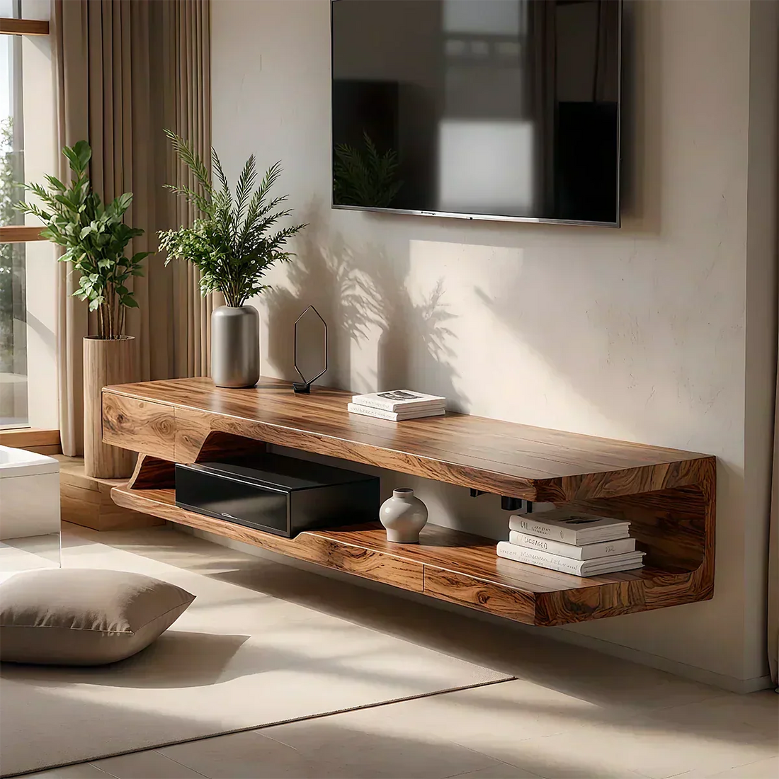 Floating Solid Wood TV Stand – Minimal Organic Modern Wall-Mounted Console