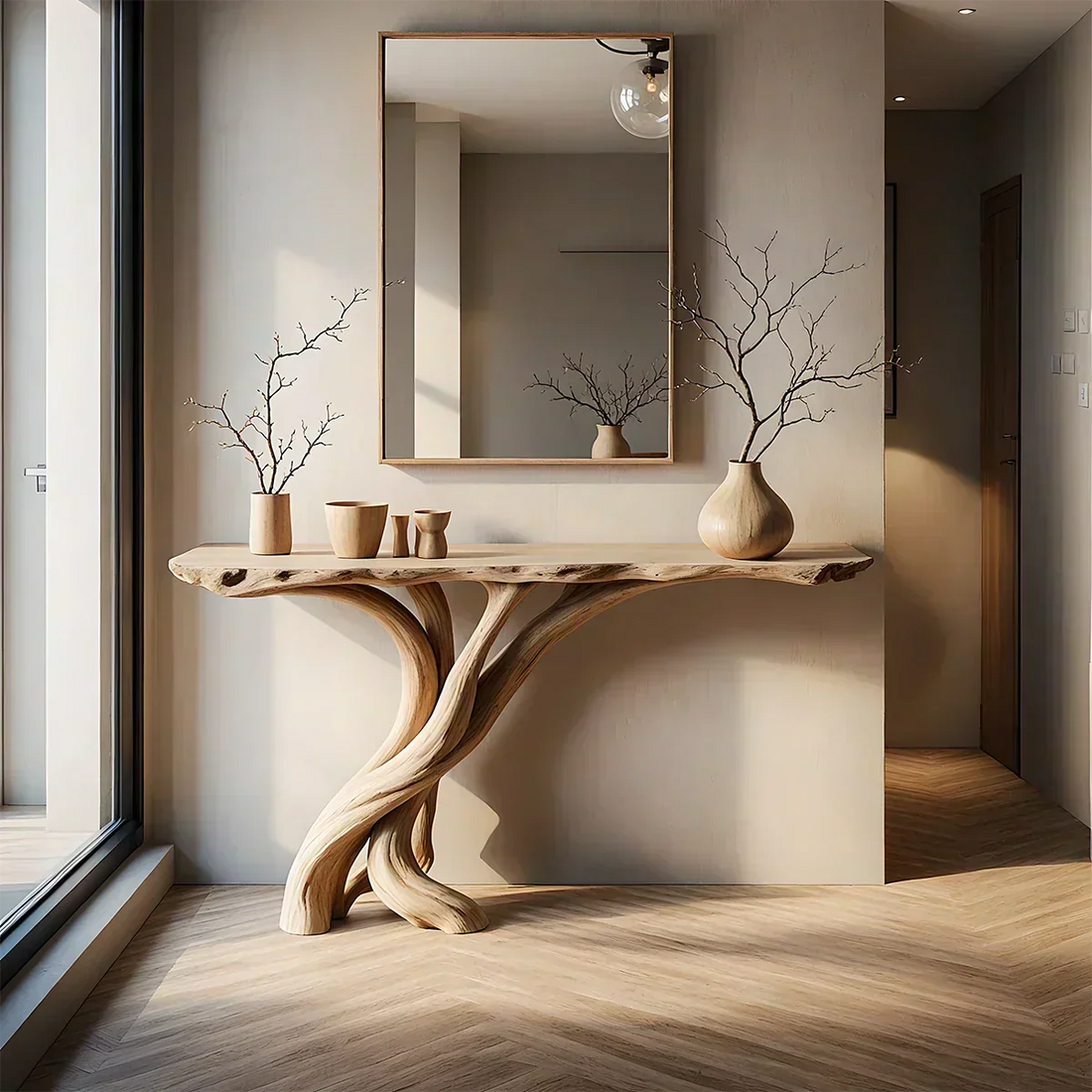 Natural Solid Wood Japandi Twisted-Root Console Table