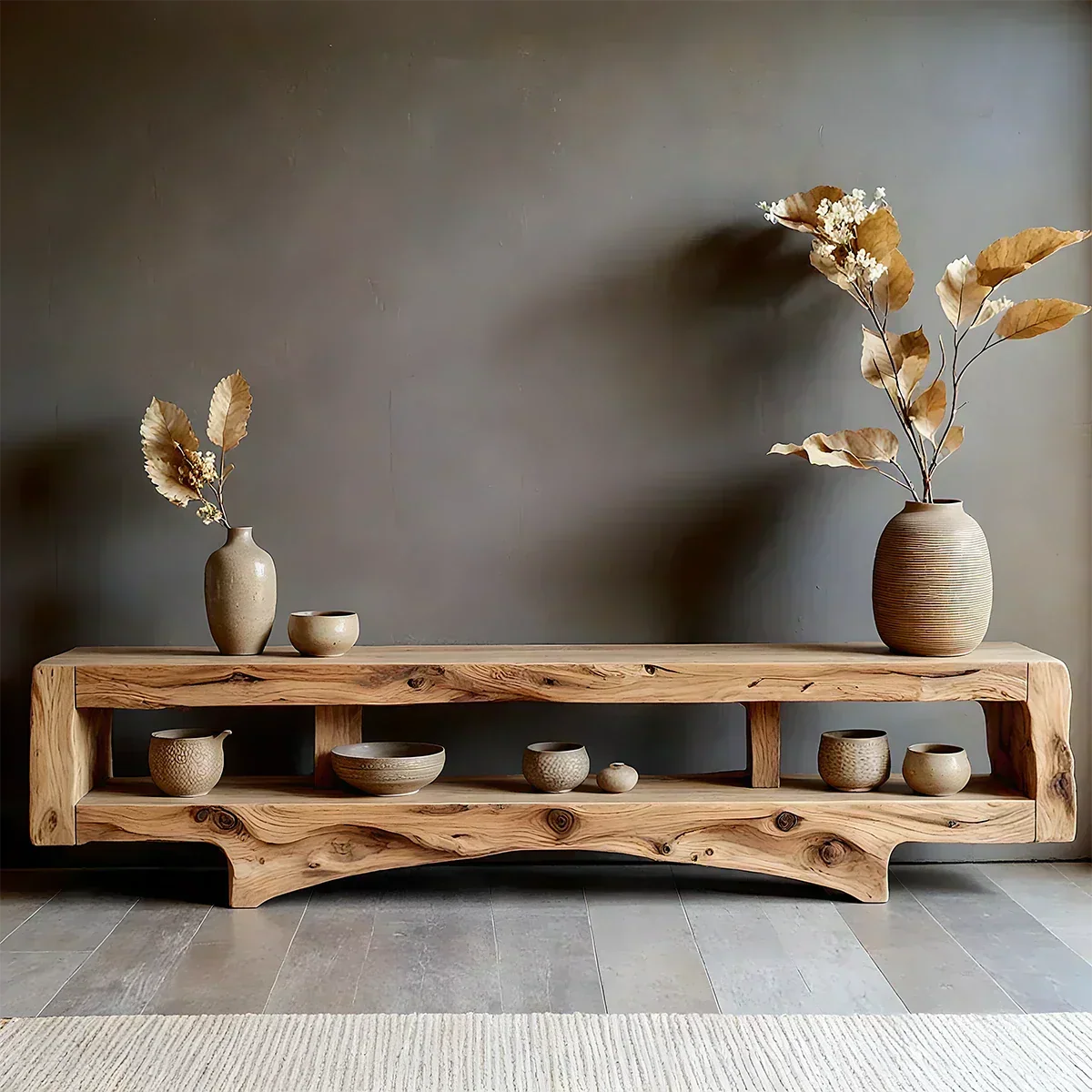 Solid Wood Wabi Sabi Console Table – Natural Finish Entryway & Living Room Shelf