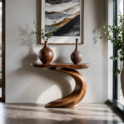 Solid Walnut Finish Wave Console Table – Modern Sculptural Design