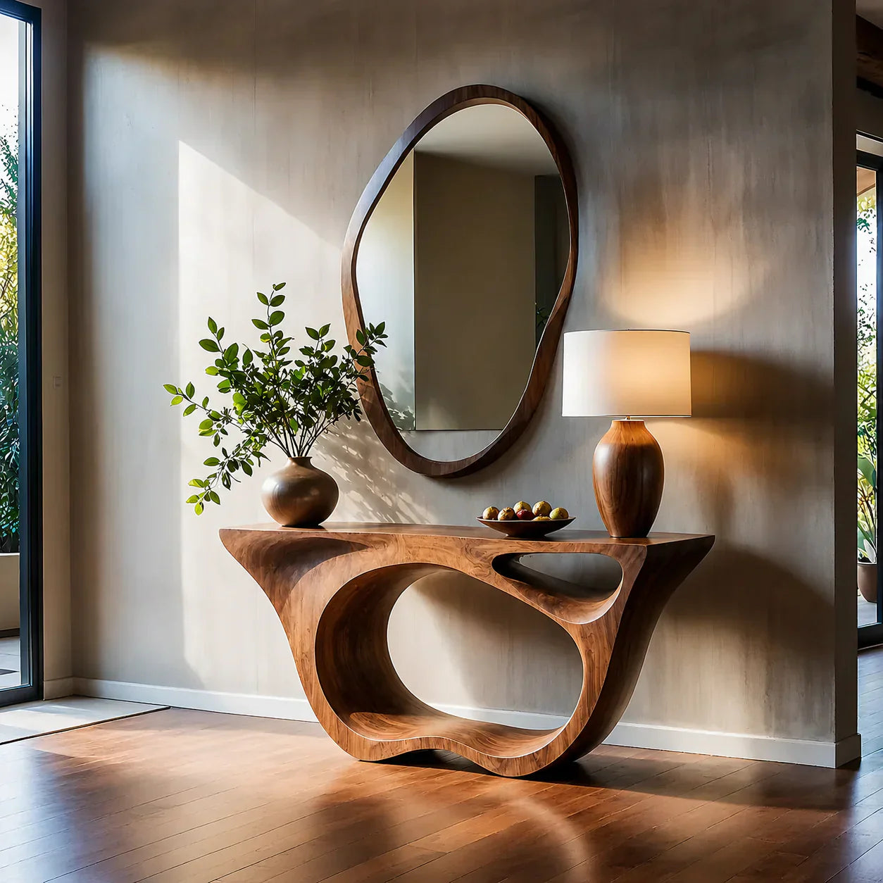 Sculptural Walnut Finish Console Table – Double Loop Wood Design