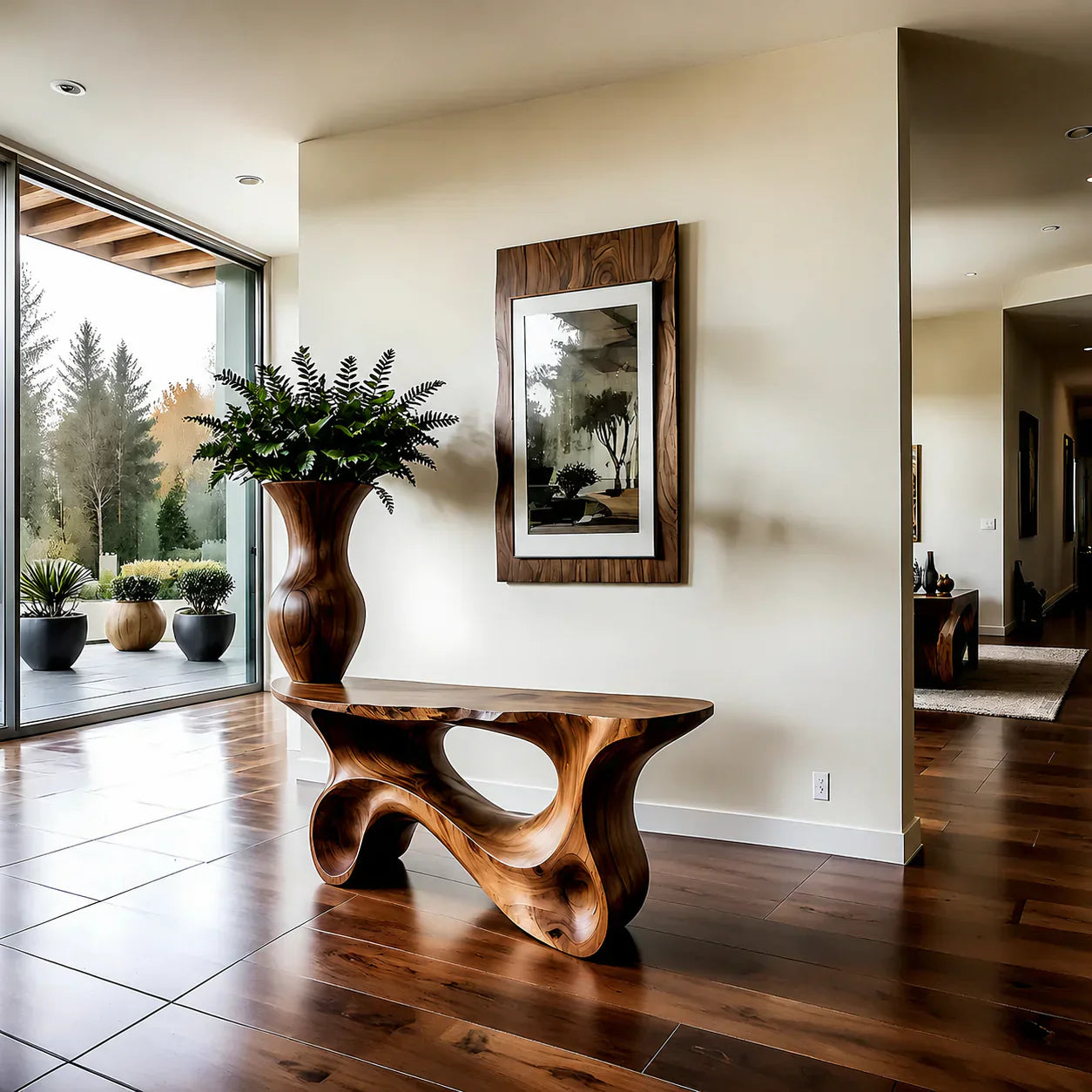 Fluid Twist Walnut Finish Console Table – Modern Sculptural Wood