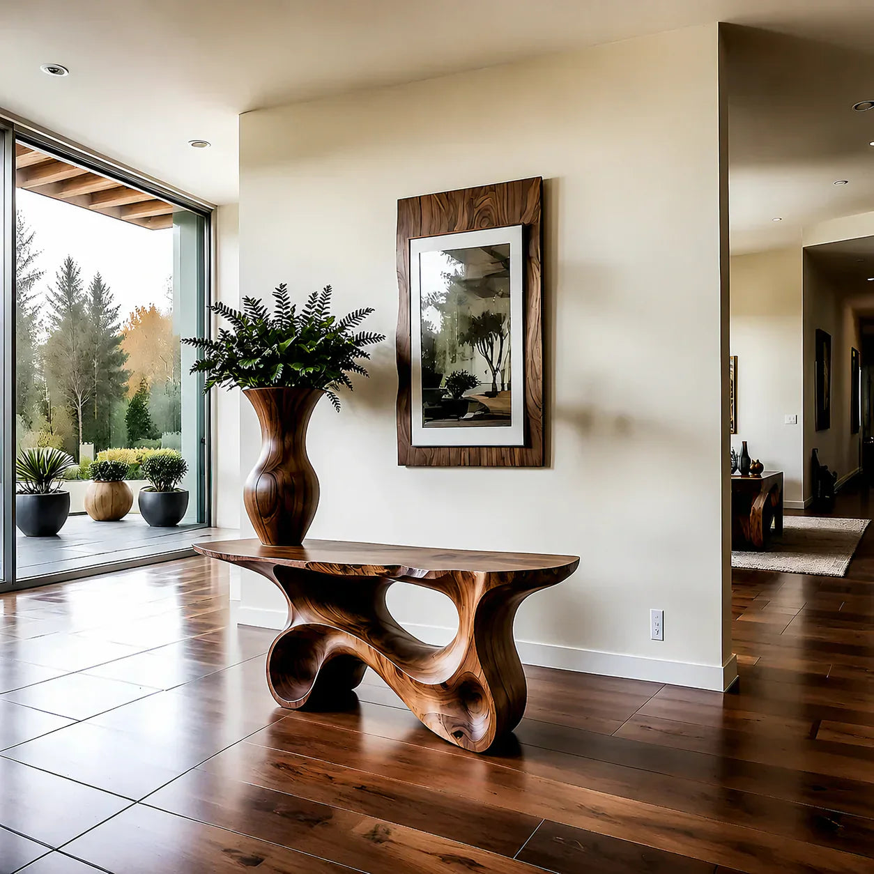 Fluid Twist Walnut Finish Console Table – Modern Sculptural Wood