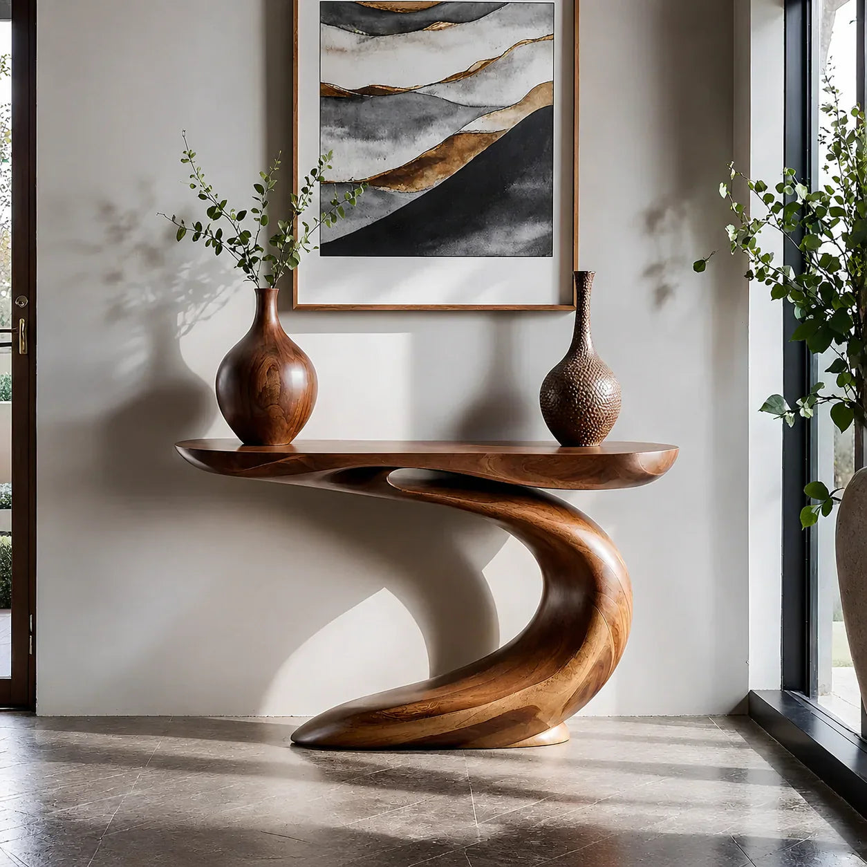 Solid Walnut Finish Wave Console Table – Modern Sculptural Design
