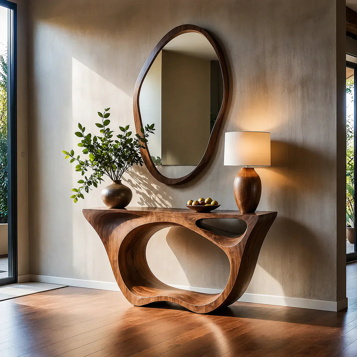 Sculptural Walnut Finish Console Table – Double Loop Wood Design