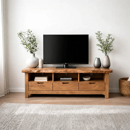 Live Edge Solid Wood TV Stand with Drawers and Open Storage