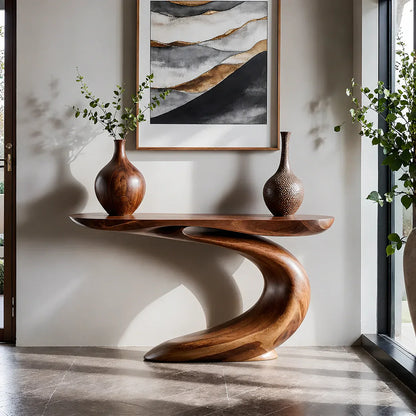 Solid Walnut Finish Wave Console Table – Modern Sculptural Design