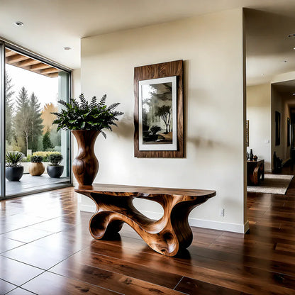 Fluid Twist Walnut Finish Console Table – Modern Sculptural Wood