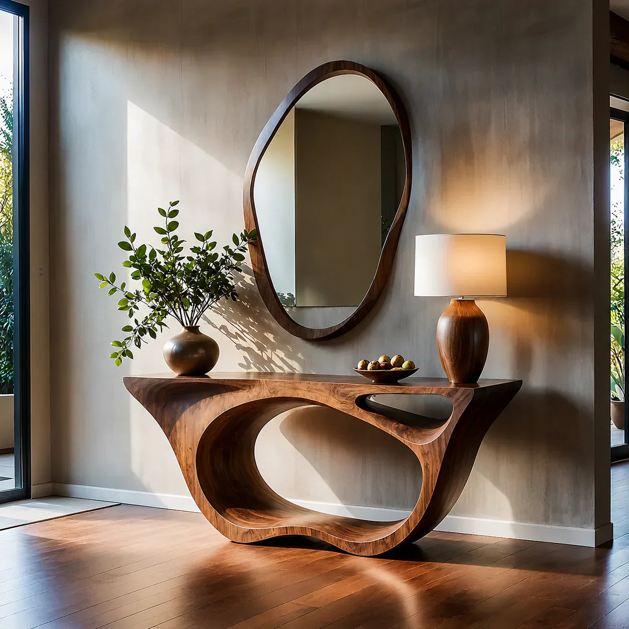 Sculptural Walnut Finish Console Table – Double Loop Wood Design