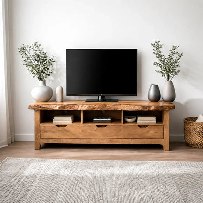 Live Edge Solid Wood TV Stand with Drawers and Open Storage