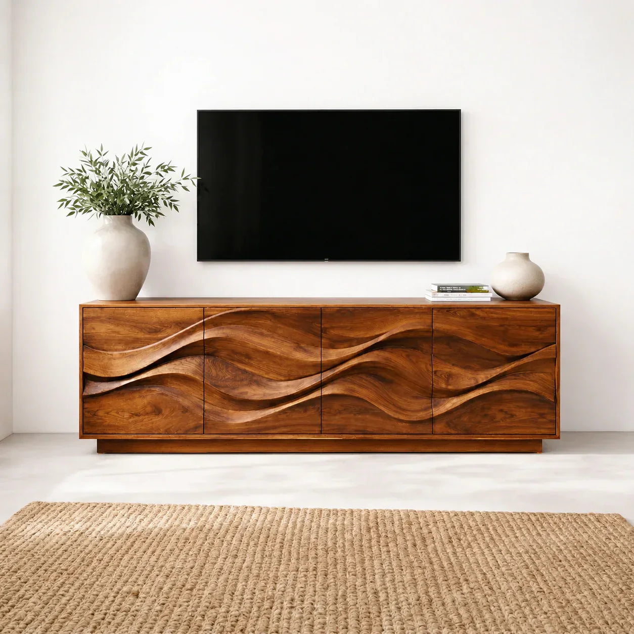 Sculptural Wave Front Solid Wood TV Stand with Storage Cabinets