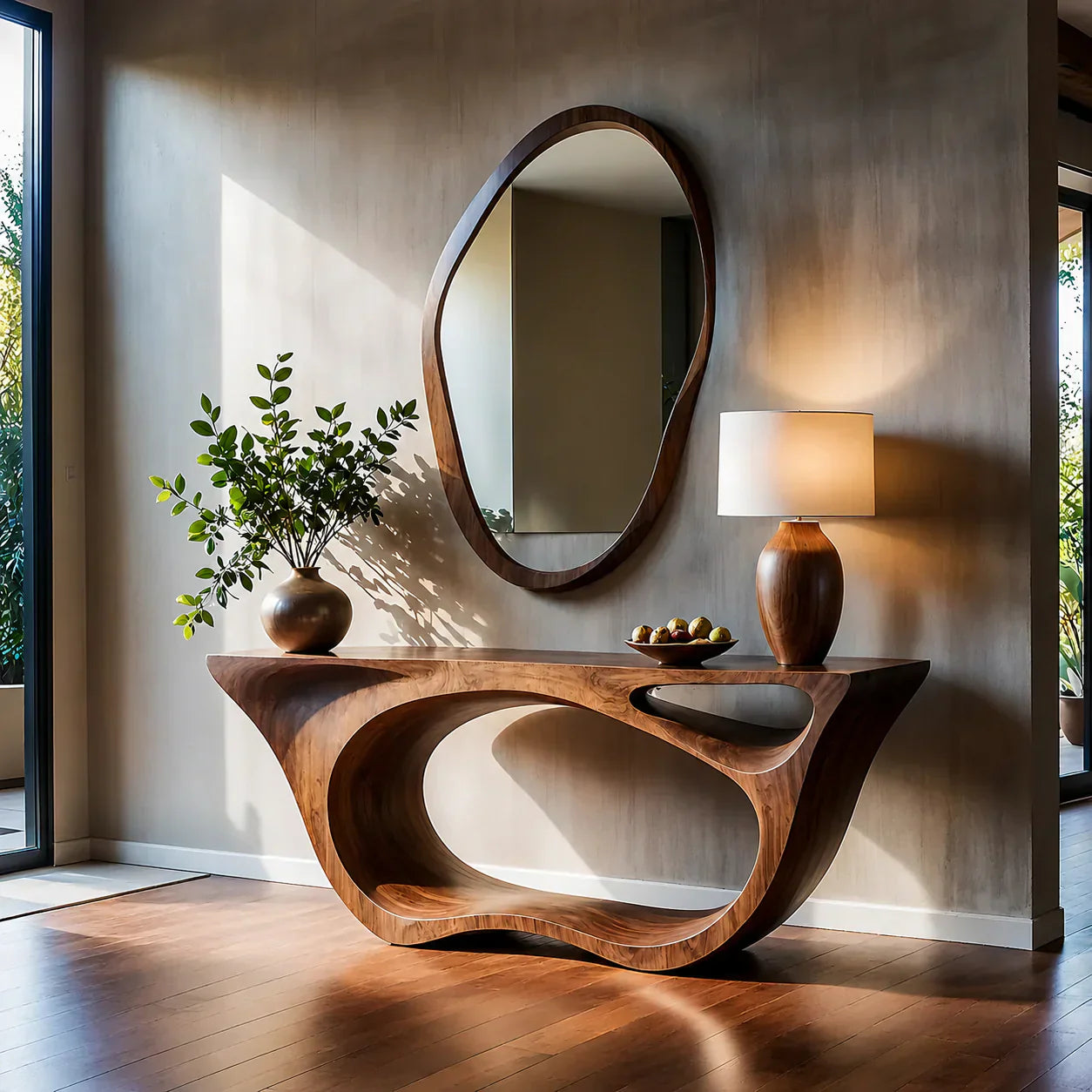 Sculptural Walnut Finish Console Table – Double Loop Wood Design