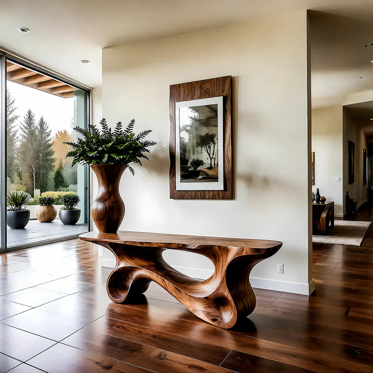 Fluid Twist Walnut Finish Console Table – Modern Sculptural Wood