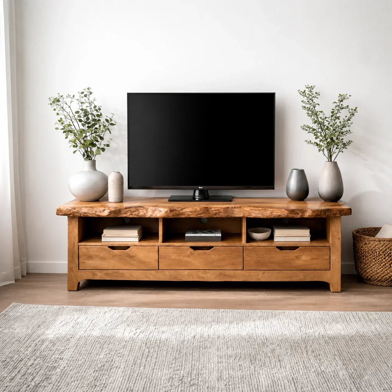 Live Edge Solid Wood TV Stand with Drawers and Open Storage