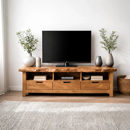 Live Edge Solid Wood TV Stand with Drawers and Open Storage