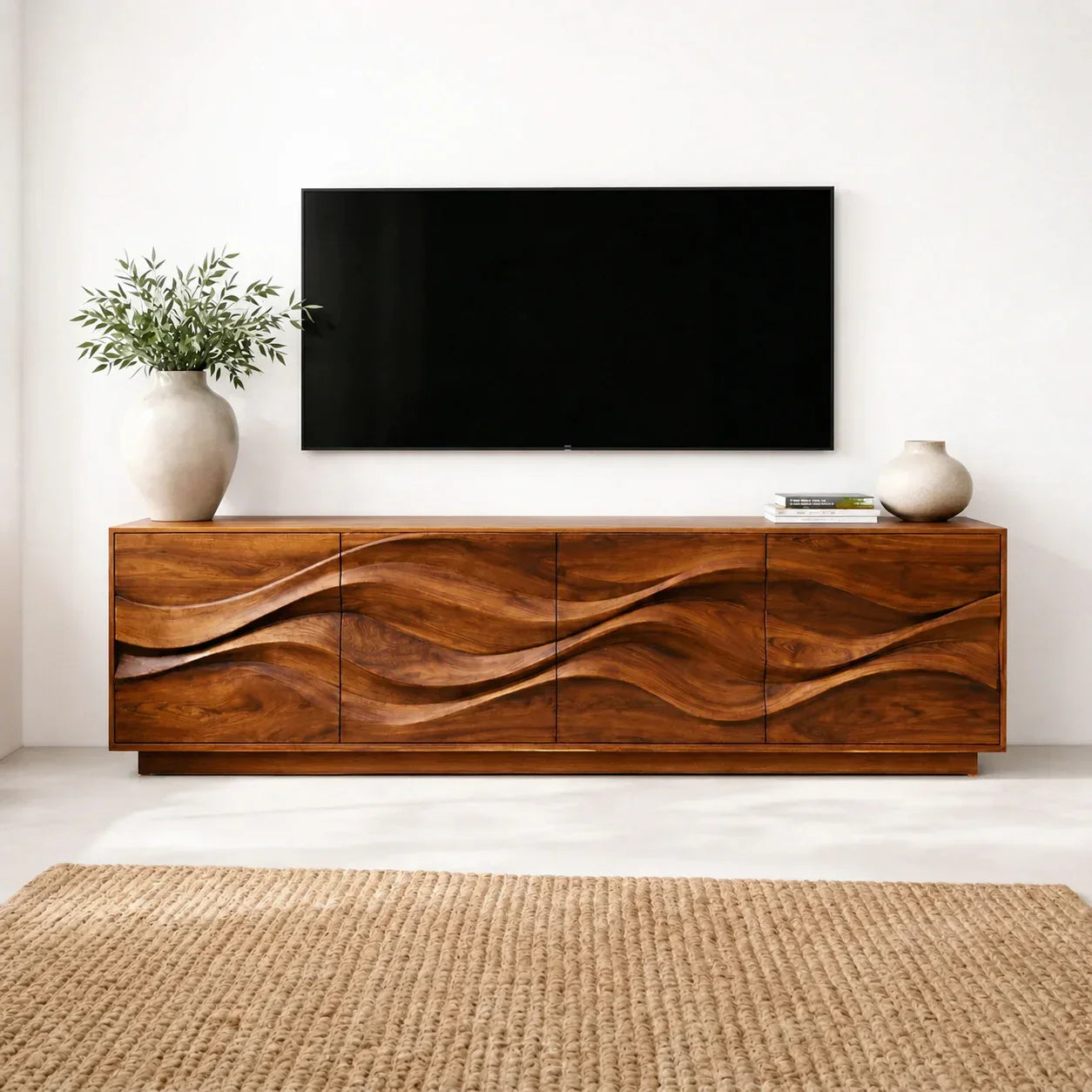 Sculptural Wave Front Solid Wood TV Stand with Storage Cabinets