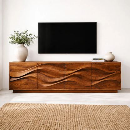 Sculptural Wave Front Solid Wood TV Stand with Storage Cabinets
